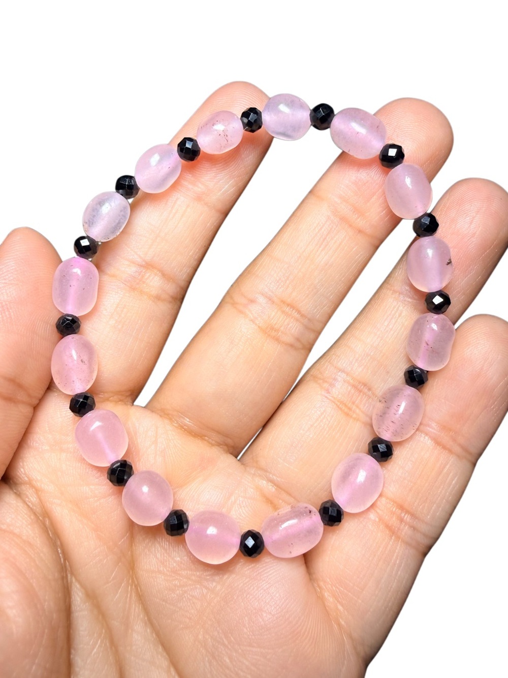 Rose Quartz & Black Spinel Gemstone Stretch Bracelet